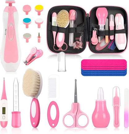 Baby Healthcare and Grooming Kit, Baby Safety Set Newborn Nursery Health Care Set with Hair Brush Scale Measuring Spoon Nail Clippers for Baby Girls Boys (24PCS Pink)