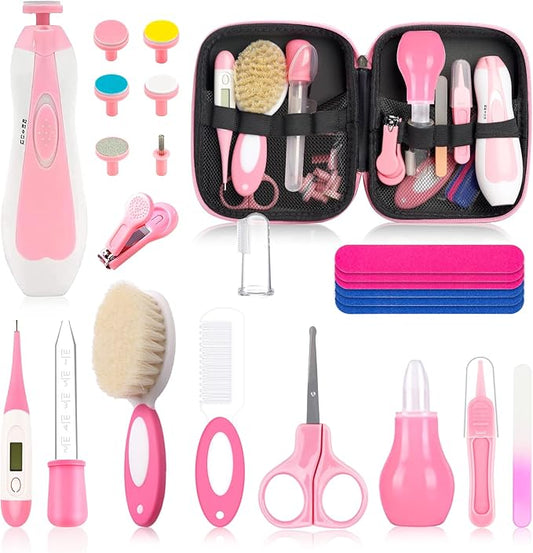 Baby Healthcare and Grooming Kit, Baby Safety Set Newborn Nursery Health Care Set with Hair Brush Scale Measuring Spoon Nail Clippers for Baby Girls Boys (24PCS Pink)
