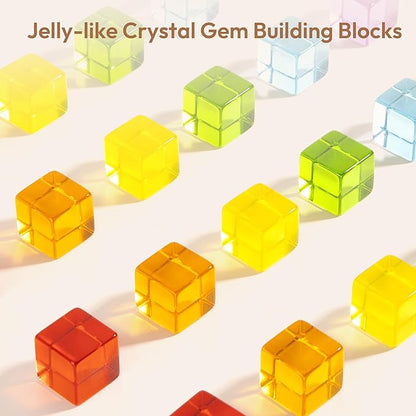 Wooden Building Blocks Set for Kids, 24 PCS Rainbow Gem Cubes Stacking Blocks - 2 Wood House 3-6