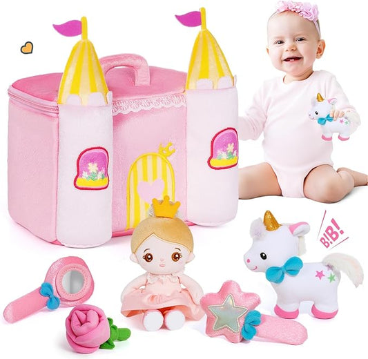 OUOZZZ Princess Castle Toys for 1-3 Year Old Girl Baby Doll Plush Toy House Stuffed Animal Toy Set - Sensory Educational Toys for 12-18 Months Infant - Fisrt Birthday Gifts for Toddler