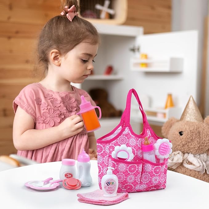 BABESIDE Baby Doll Bottles and Accessories 15 Pcs Baby Doll Feeding Set Including Diaper Bag, Magic Bottles 12-15 Inches