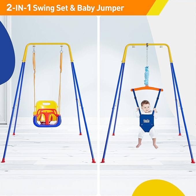 FUNLIO 2 in 1 Swing Set for Toddler & Baby Jumper, Heavy Duty Kids Swing & Bouncer with 4 Sandbags