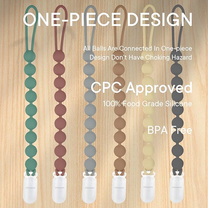Silicone Pacifier Clip Holder, 6 Pack One Piece Soft Flexible Binky Clips Pacifier Holder Clip for Boys and Girls