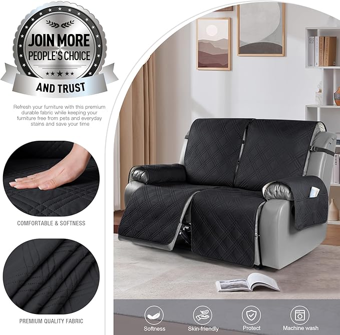 TAOCOCO 100% Waterproof Oversized Loveseat Recliner Cover, Non Slip Split Loveseat Covers for Reclining Loveseat with Elastic Straps for Kids Pets(Oversized 2 Seater, Black)