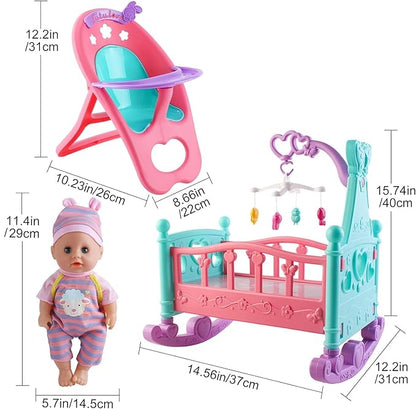 deAO 12” Baby Doll Play Set with Crib, Mobile 21 PCS