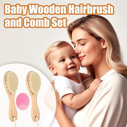 Wooden Baby Hair Brush and Comb Set, 2Pcs Natural Soft Goat Bristles Brush with Baby Shower Scrubber Perfect Scalp Grooming Product for Newborn, Toddler, Infant (Pink)