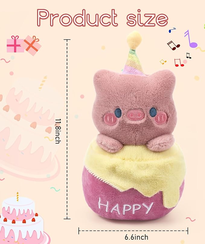 Birthday Stuffed Animal Pig Plush - Adorable Birthday Cake Stuffed Doll, Cute Happy Pig with Glowing Candle, Party Decorations, Kids' Gifts, 11 Inch