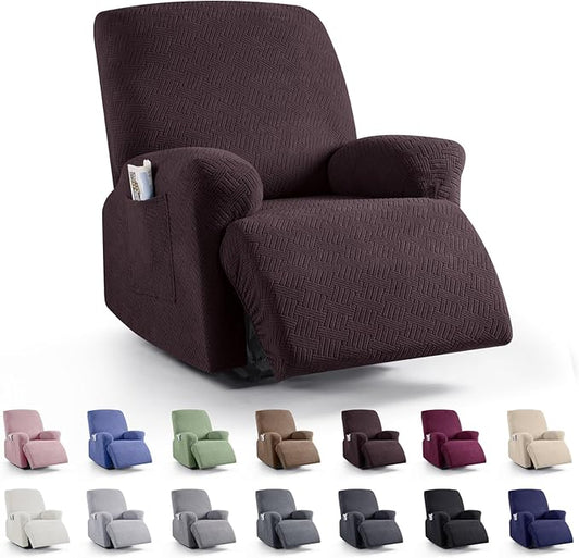 KinCam Recliner Covers, Stretch Reclining Chair Covers, Recliner Sofa Slipcovers Stripe Jacquard Recliner Couch Covers Furniture Protector Covers for Pet Kid (1 XL Seater, Chocolate)