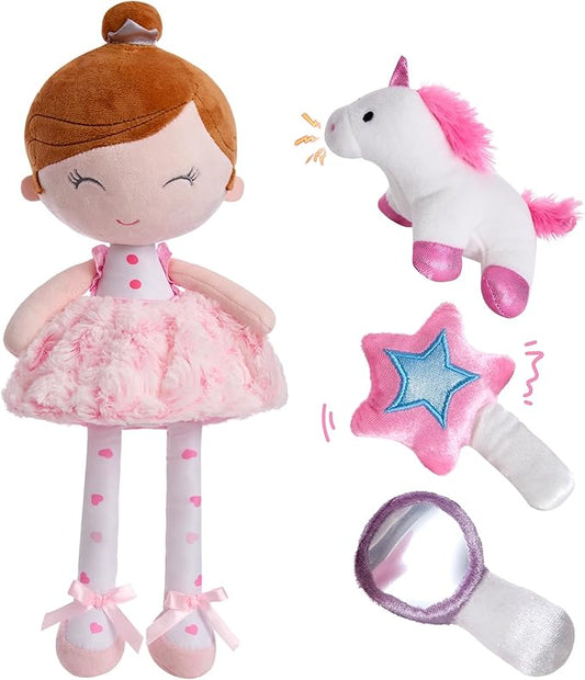 Plush Baby Doll, 4-Piece Soft Baby Doll Set with Rattle 17 inch