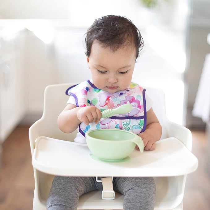 Bumkins Baby Utensil Set, Silicone Trainer Spoons for Dipping, Soft Tip, Self-Feeding, Chew, Baby Led Weaning, First Year Training Supplies, Essentials in Learning Eating, 4 Mos, 3-pk Gray and Green