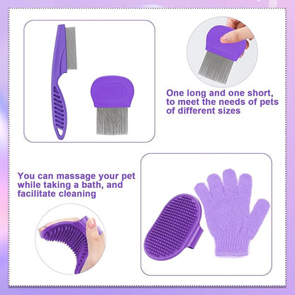VCZONE 8 Pcs Small Animal Pink Grooming Kit, Rabbit Grooming Kit with Pet Nail Clipper and File, Flea Comb, Pet Shampoo Bath Brush , Pet Shedding Slicker Brush, Bath Massage Glove, Cleaning Comb