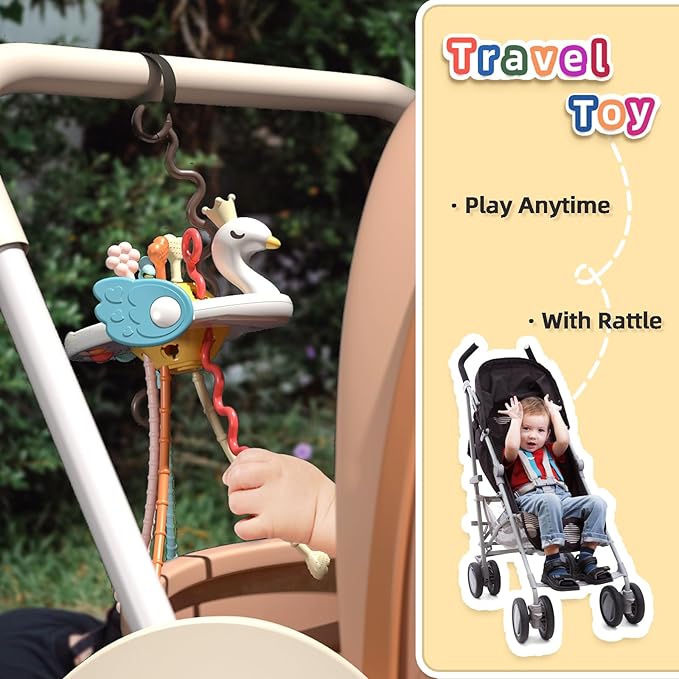 Baby Sensory Montessori Toys - Pull String Fine Motor Skills, Fidget Activity Travel Car Seat Toy with Pop Buttons Pressing Slider 18 Months