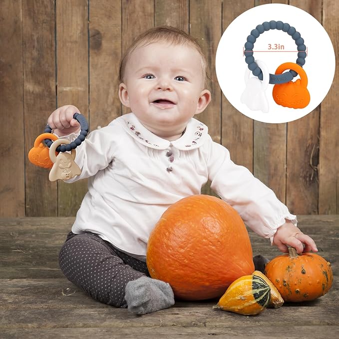 Silicone Teething Ring Toy, Halloween Baby Teether Toys with Rattles Pumpkin and Ghost 3-6-12 Months