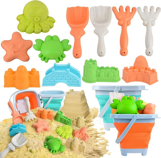Collapsible Beach Sand Toys for Toddler Sand Toys for Kids 2 Packs Foldable Buckets with Sand Molds,Shovels for Beach 3 4 5 6 7 8+
