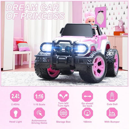Carox Remote Control Car for Girls, 160 mins Pink RC Car with Doll and Sticker 1:16 Scale 4-12 Years
