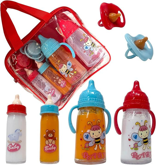 Baby Doll Bottles with Magic Disappearing Milk & Juice Playset, 6pc Pretend Baby Doll Accessories Set 4 Doll Feeding Toy Bottles and 2 Pacifiers