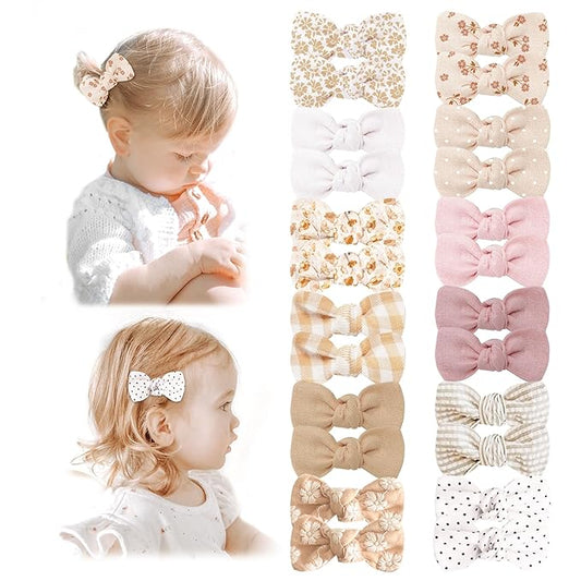 Niceye 12 Pairs Baby Hair Clips with Bow, Fully Lined Hair Bow Clips for Fine Hair Cotton Tiny Hair Barrettes for Infants