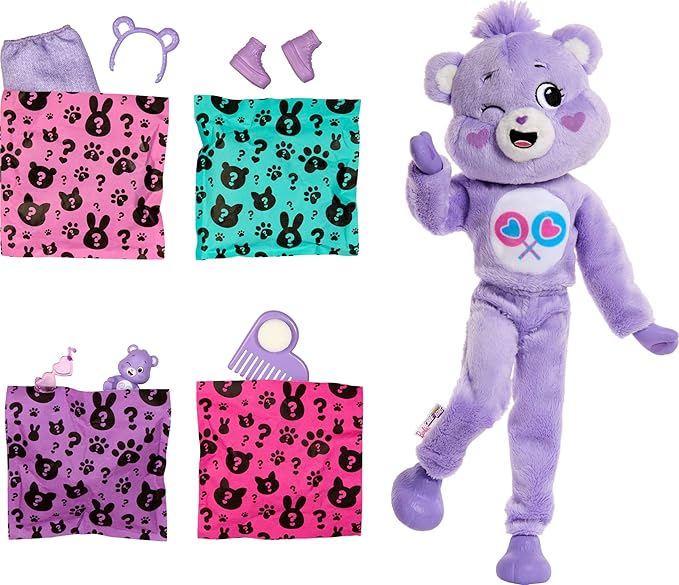 Barbie Cutie Reveal Doll & Accessories, Care Bears Series, Fashion Doll with Share Bear Plush Costume & 10 Surprises Including Color Change & Mini Bear
