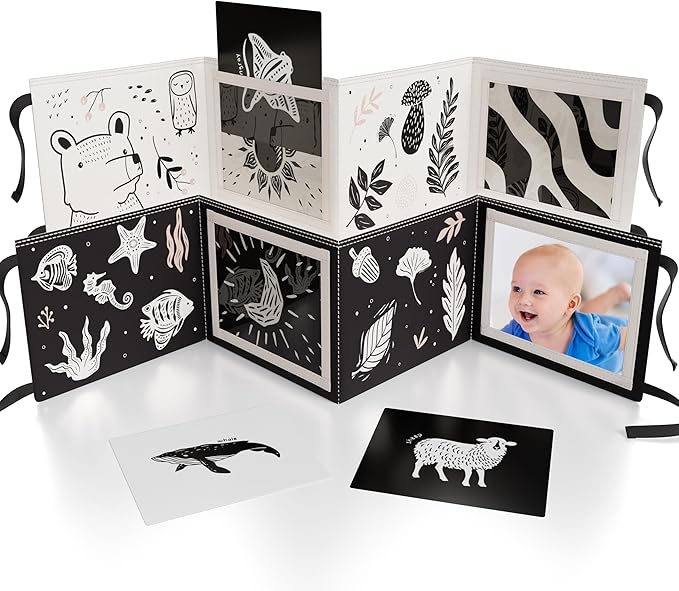 Soft Tummy Time Book w/ Stimulating Baby Safe Mirror - Fun Black and White Montessori Toy w/ Crinkle Filling & 20 High Contrast Designs