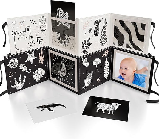 Soft Tummy Time Book w/ Stimulating Baby Safe Mirror - Fun Black and White Montessori Toy w/ Crinkle Filling & 20 High Contrast Designs