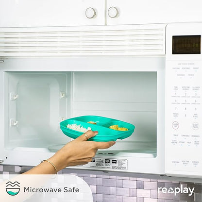 Re-Play Made in USA 7" Deep Walled Divided Plates for Kids, Set of 3 With 3 Lids - Reusable 3 Compartment Plates, Dishwasher and Microwave Safe - 7.37" x 7.37" x 1.25", Butterfly