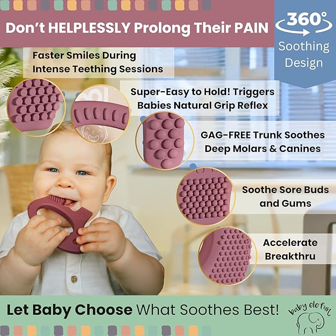 Teethers for Babies 6-12 Months - Baby Elefun 5x Pain Relief Toddler Teether. No More Ouch for Mom Anti Bite Trainer. Nurtures Grasping, Passing