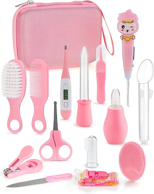 Baby Healthcare and Grooming Kit 15 in 1, Safe Baby Grooming Kit Newborn Girl Boy Essentials, Portable Baby Care Set Nursery Shower Gift for Infant Baby Registry Search, Pink