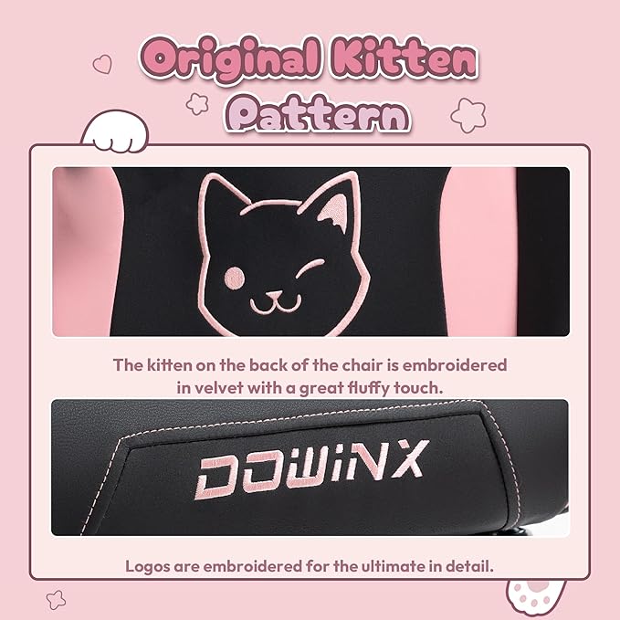 Dowinx Gaming Chair Cute with Cat Ears and Massage Lumbar Support, Ergonomic Computer Chair for Girl with Footrest and Headrest, Comfortable Reclining Game Chair 290lbs for Adult, Teen, Black