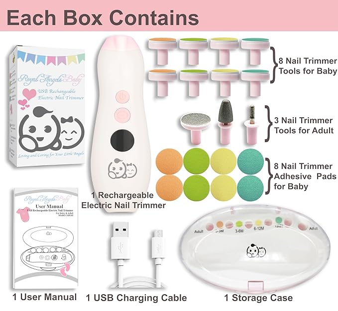 Royal Angels Rechargeable Baby Nail Buffer 22 in 1, Safe Electric Baby Nail File 13 Replacements,