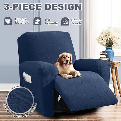 JIVINER Recliner Chair Covers, Jacquard 3 Piece Slipcovers for Recliner Chair Soft Stretch Lazy Boy 1 Seater Reclining Protector with Pockets (Recliner, Navy Blue)