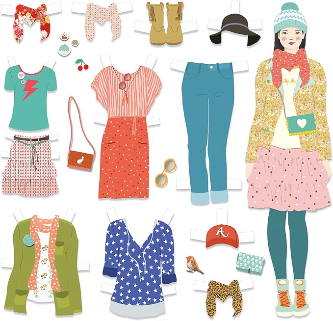 DJECO Paper Doll Fashion Dressing Room - Dress Up Dolls, Endless Outfits for Home, School or Gifts - Fun & Creative for Family & Friends - Playful, Educational Art Toys for Girls, Kids