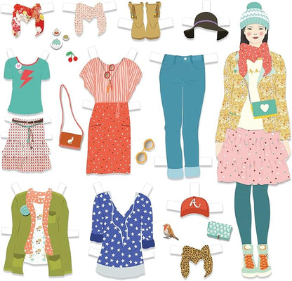 DJECO Paper Doll Fashion Dressing Room - Dress Up Dolls, Endless Outfits for Home, School or Gifts - Fun & Creative for Family & Friends - Playful, Educational Art Toys for Girls, Kids