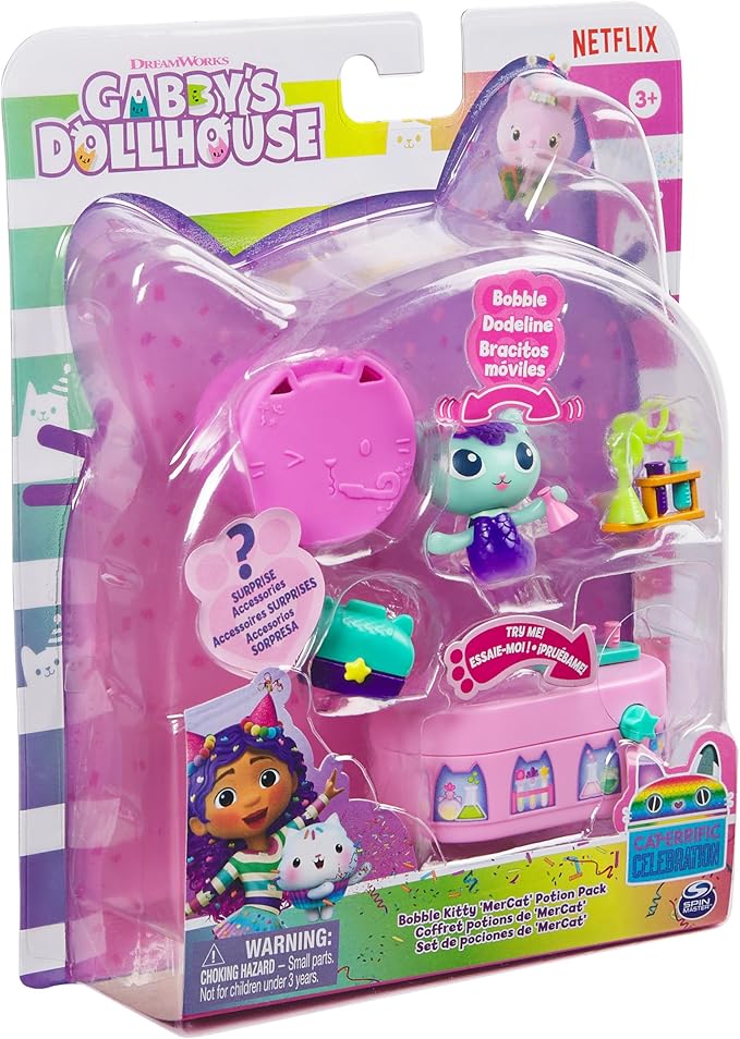 Gabby's Dollhouse, Celebration Series Mercat Bobble Figure with Dollhouse Furniture and Accessories 3 and