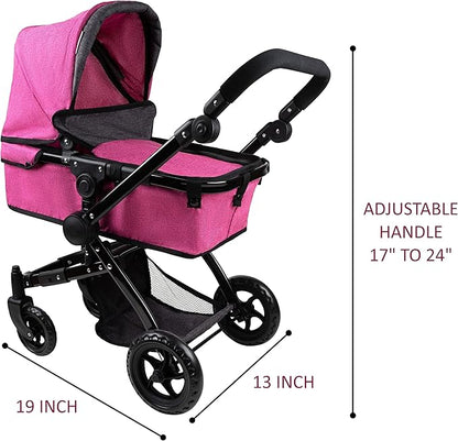 Fash n Kolor Baby Doll Stroller My First Foldable Doll Stroller in Denim Hot Pink Design, Bassinet Stroller with Baby Doll Adjustable Handle