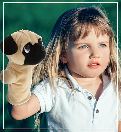 DolliBu Pug Dog Hand Puppet - Super Soft Plush Pug Stuffed Animal Hand Puppets for Kids, Cute Educational Pug Hand Puppets for Adults Teaching and Story Telling Puppet Show Theater Games 8.5 Inches