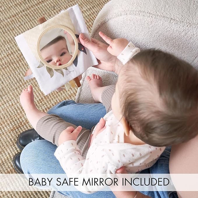 ZICOTO Soft Baby Book with Touch and Feel Pages - Cute Sensory Book for Babies 0-6 Months with Textured Animals, Mirror & Crinkle Paper
