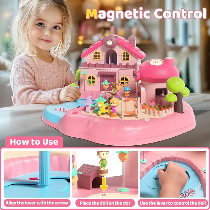 Magnetic Doll House Playset for 2-4 Girls Gifts, Princess Dollhouse with Music, Light, 4 Toy Figures, Girl Toys for 3-5 Years Old, Christmas Birthday Gifts for Kids Age 3 4 5 6 Years Old Girls