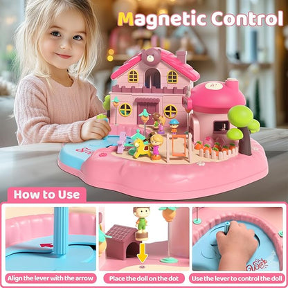 Magnetic Doll House Playset for 2-4 Girls Gifts, Princess Dollhouse with Music, Light, 4 Toy Figures, Girl Toys for 3-5 Years Old, Christmas Birthday Gifts for Kids Age 3 4 5 6 Years Old Girls