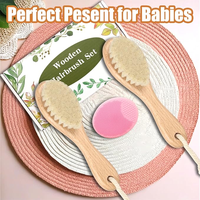 Wooden Baby Hair Brush and Comb Set, 2Pcs Natural Soft Goat Bristles Brush with Baby Shower Scrubber Perfect Scalp Grooming Product for Newborn, Toddler, Infant (Pink)