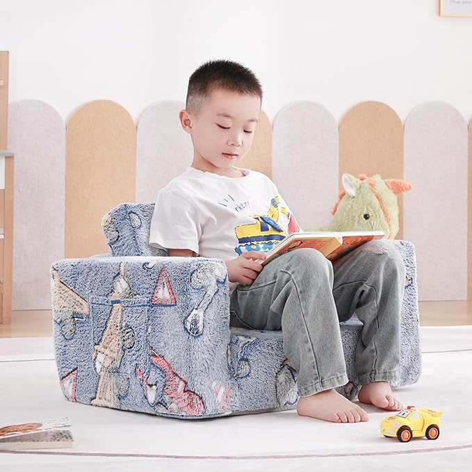 Tiita Kids Sofa, 2-in-1 Kids Sofa Chair, Convertible Children Couch to Lounger, Flip Out Kids Sofa Chair, Toddler Armrest Chair Bed, Folding Kids Play Sofa for Girl or Boy, White Flower