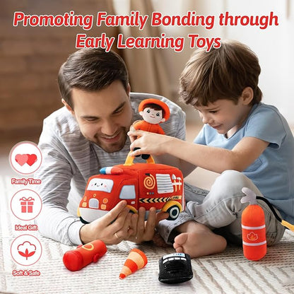 OUOZZZ Firetruck Toys for Toddlers 1-3 - Stuffed Toy Set with Baby Firefighter Doll - Fire Truck Plush Sensory Toy - First Birthday Gift fir Boys 2 Year Old Toys Montessori- Fire Toy for Babies