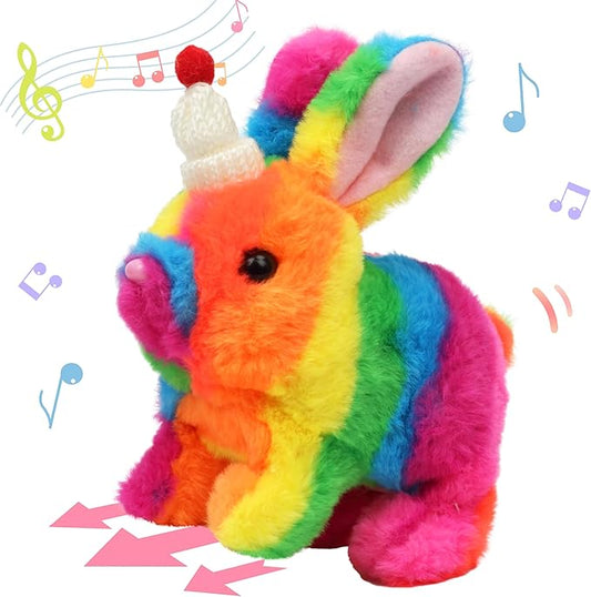 Hopearl Hopping Rabbit with Hat Interactive Electronic Pet Plush Bunny Toy with Sounds and Movements Animated Walking Wiggle Ears Twitch Nose Gift for Toddlers Birthday, Rainbow 7''