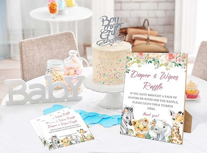 Diapers Wipes Raffle, Floral Animals Diaper Raffle Tickets for Baby Shower 1 Wooden 50 Diaper