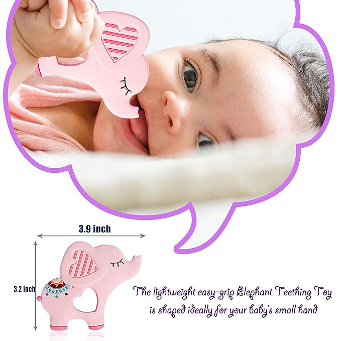 Soft Pink Elephant Teether Toy for Babies 0-6/6-12 Months Silicone