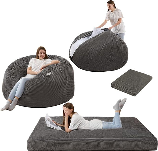 Homguava Corduroy Bean Bag Chair, Variable Shape from Bean Bag to Matress, Convertible Beanbag Chair for Home, Living Room(Grey, Queen)