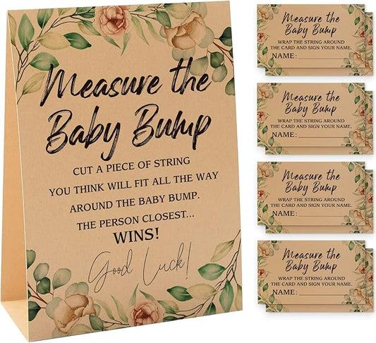1 Measure the Baby Bump Kraft Sign & 50 Guessing Cards Set, Gender Neutral Baby Shower Games/083KF