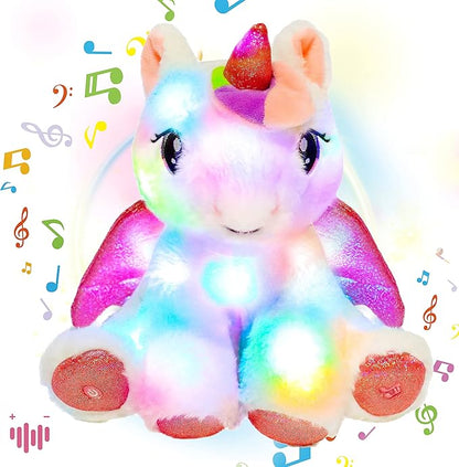 Hopearl LED Musical Stuffed Unicorn Adorable Lighting Up Singing Plush Toy Adjustable Volume Lullaby Animated Soothe Birthday Festival for Kids Toddler Girls, White 11''