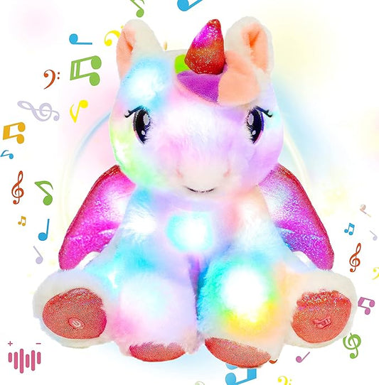 Hopearl LED Musical Stuffed Unicorn Adorable Lighting Up Singing Plush Toy Adjustable Volume Lullaby Animated Soothe Birthday Festival for Kids Toddler Girls, White 11''