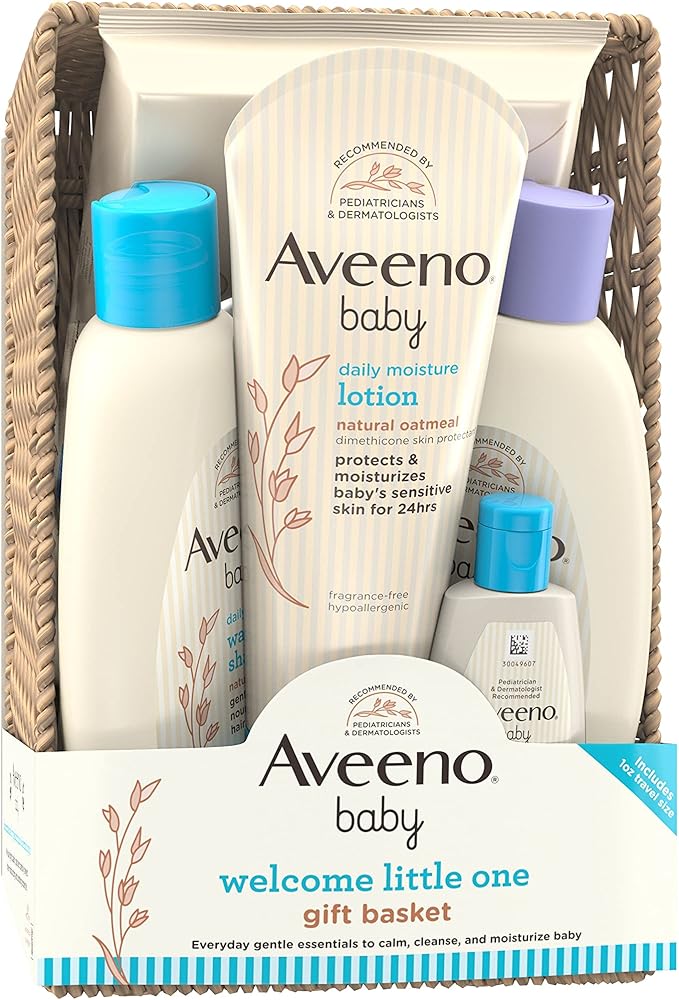 Aveeno Baby Welcome Little One Gift Basket, Baby Skincare Set with Baby Body Wash & Shampoo 5 Items