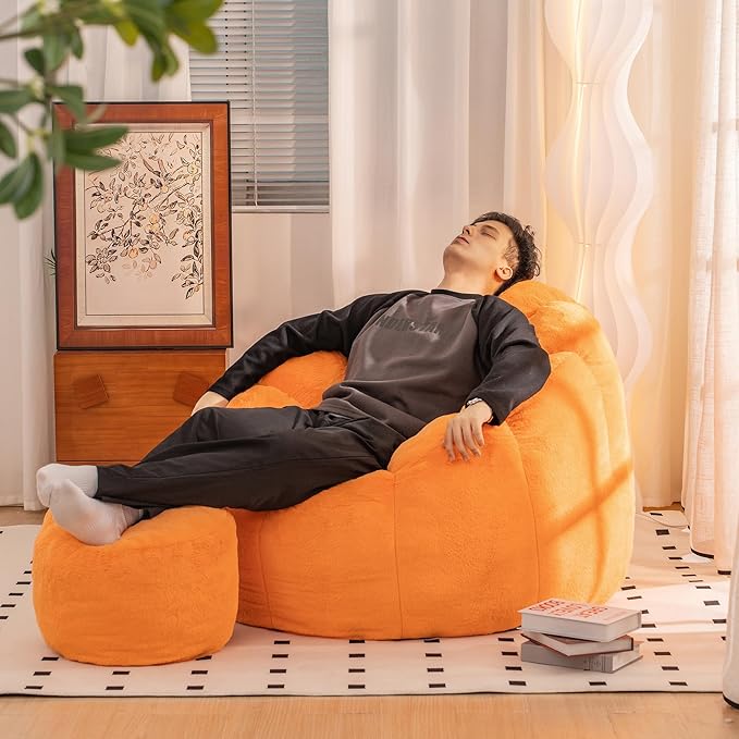 Giant Bean Bag Chair with Foot Pedals, Oversized Bean Bag Couch for Adults and Kids, Faux Fur Shell-Shaped Large Bean Bag Chair with Filler, Pumpkin Shape Sofa Chair Floor Sofa for Reading (Orange)